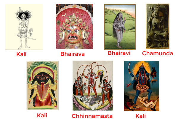 Images of deities causing a trembling: Kali with sword, Bhairava, Bhairavi, Chamunda, Black Kali, Chhinnamasta, Kali on Shiva