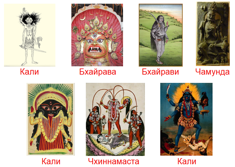 Изображения божеств, вызывающих трепет: Кали с мечом, Бхайрава, Бхайрави, Чамунда, Черная Кали, Чхиннамаста, Кали на Шиве